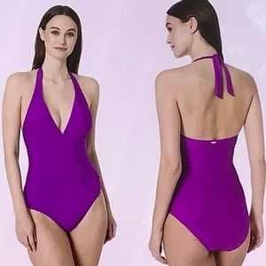 Calvin Klein Magenta Pleaded Sides Halter one piece swimsuit SZ 12 EUC